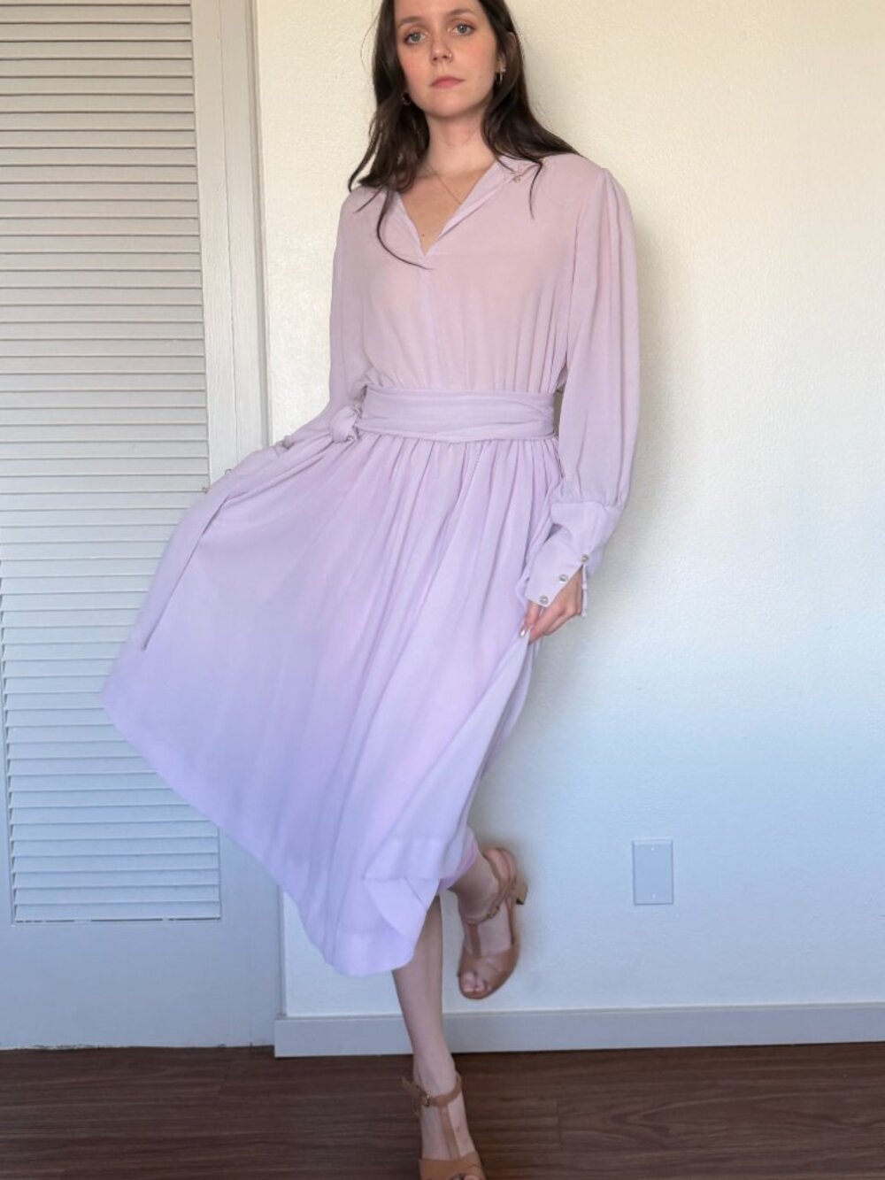 70s Blouson Dress (M) medium purple vintage midi chiffon boho princess tea cute
